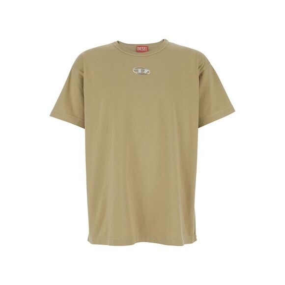 Diesel Men Beige Crewneck T-Shirt With Front Logo In Cotton Man